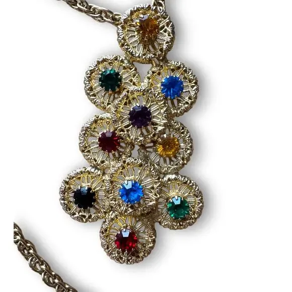 Vintage Multi Color Rhinestone Filigree Statement Pendant Necklace 23 Inch Chain - Picture 4 of 6
